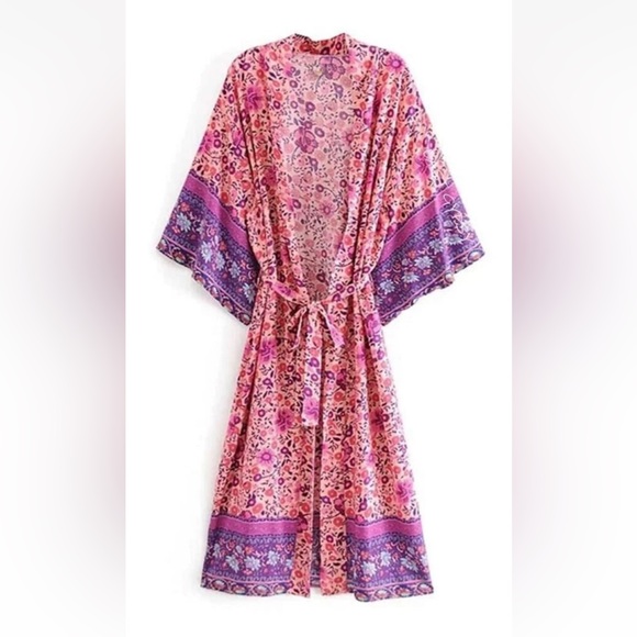 None Other - SPELL Style Long Flowy BOHO Cotton Kimono Robe Pink & Purple Floral w/ Belt NWOT